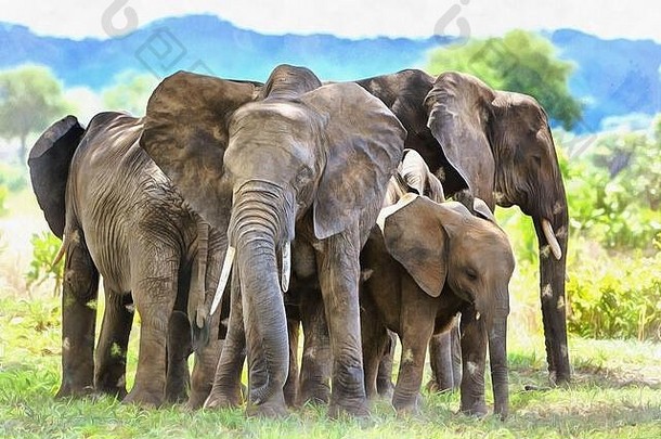 非洲象彩色绘画看起来像一幅画，非洲象，坦桑尼亚，东非