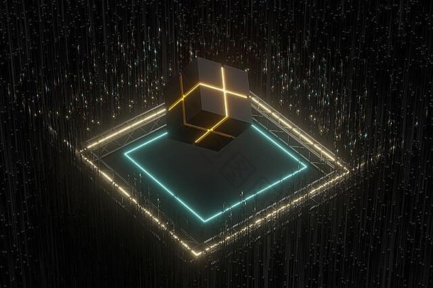 立方体漂浮在发光的立方体上方，进行三维渲染。计算机数字绘图。