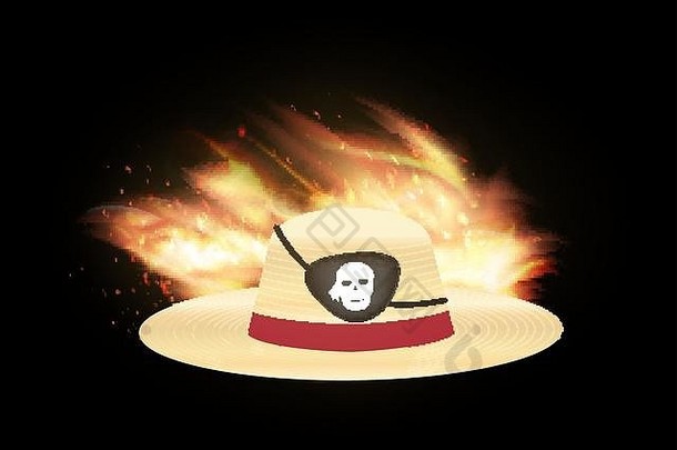 带火焰背景的海盗眼罩草帽