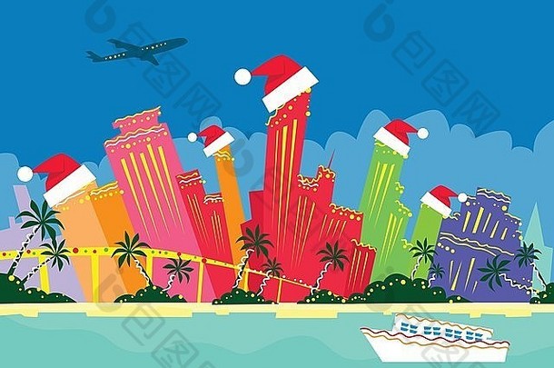 迈阿密佛罗里达州美国抽象天际线城市摩天大楼圣诞剪影新年