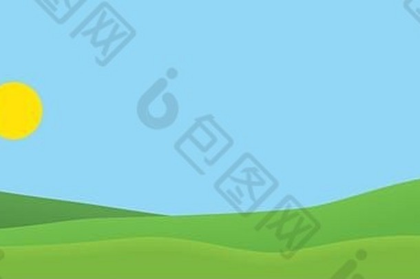 现实的宽屏幕插图，绿色的青草小山在夏季景观中，蓝天和灿烂的阳光。适合作为假日或旅游广告