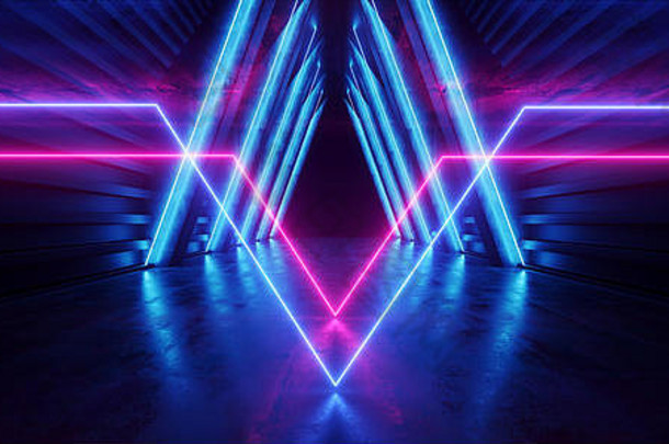 未来三角形霓虹灯发光复古的紫色的蓝色的现代sci未来主义的激光阶段外星人宇宙飞船黑暗走廊隧道空混凝土难看的东西反光
