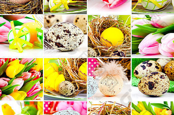 复活节拼贴。复活节彩蛋和春花