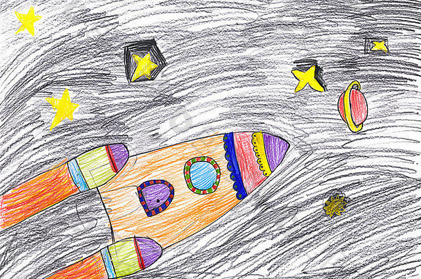 太空船。儿童画。