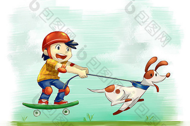 插图男孩狗辊滑冰