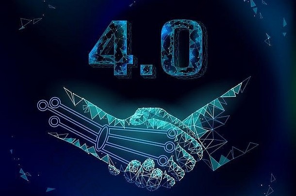 低保利握手未来工业的概念。工业4.0人工智能与人类联盟。在线技术协议行业管理