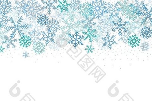 圣诞横幅。背景圣诞设计蓝色雪花，水平圣诞背景，贺卡，网站，文本空白。