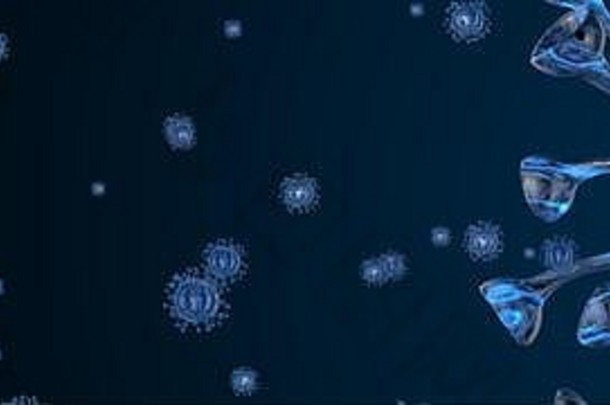 显微镜下观察病毒细胞。科罗娜啤酒2019冠状病毒疾病的健康风险，冠冕COVID-19警报SOS，免疫学，病毒学，流行病学概念。