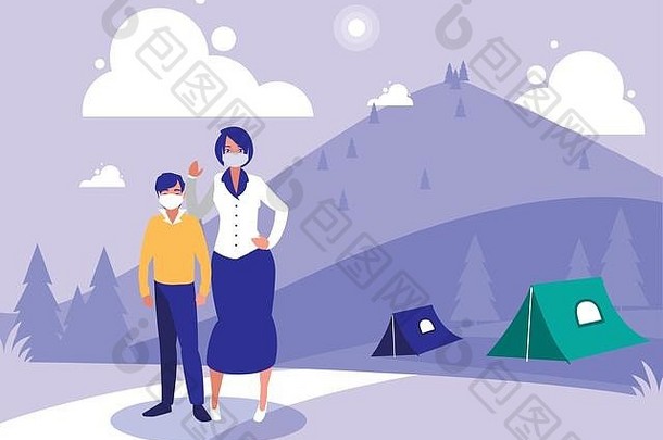 带面具的母亲和儿子在露营帐篷前的景观设计新冠病毒19型主题载体插图