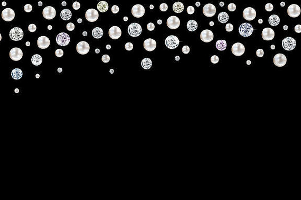 珍珠插图背景，黑色背景上的页面顶部有许多大大小小的白色闪亮珍珠和<strong>钻石</strong>