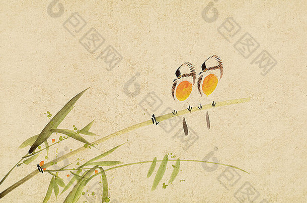传统的中国人绘画竹子鸟纸背景