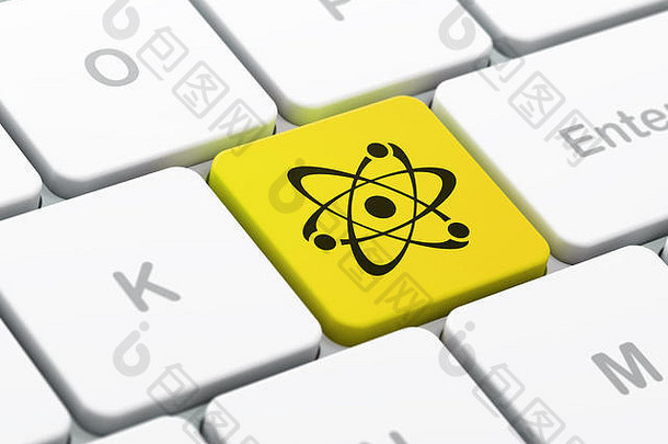科学概念：计算机键盘背景上的分子