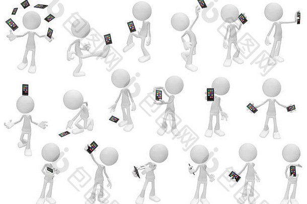 白色符号人物动作姿势序列，带智能手机，3d插图，水平，隔离