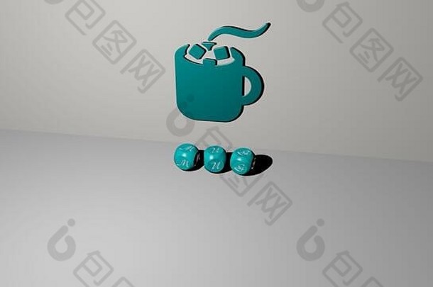 由金属骰子字母制作的马克杯图形和文本的3D插图，用于概念和演示的相关含义。咖啡和背景