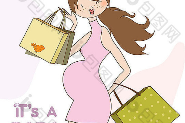 婴儿公告卡美丽的怀孕了女人购物