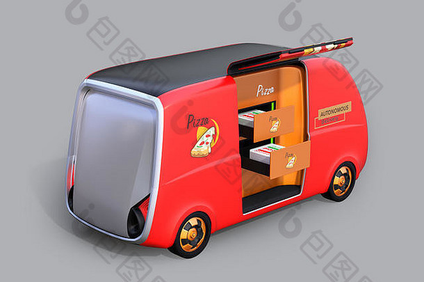 在灰色背景上隔离的自动驾驶比萨饼送货车。最后一英里概念。三维渲染图像。