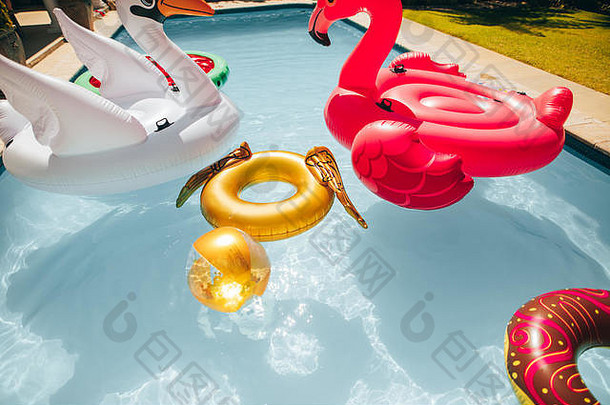 <strong>夏日</strong>里，一群五颜六色的充气玩具漂浮在<strong>游泳</strong>池里。充气天鹅，火烈鸟，戒指和球在<strong>游泳</strong>池。