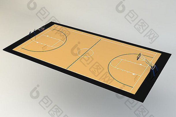 篮球场的三维真实感插图-透视图，在灰色背景上隔离
