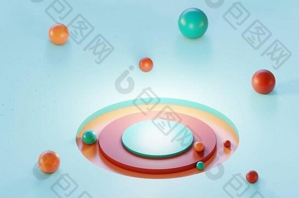 产品设计的抽象背景。带有圆柱体和球体的蓝色表面。和谐的色彩平衡。三维插图。设计趋势