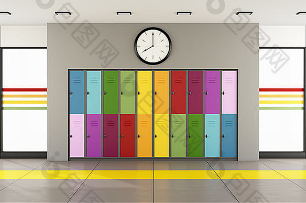 现代学校的内部，有彩色的学生储物柜和大窗户-3D渲染
