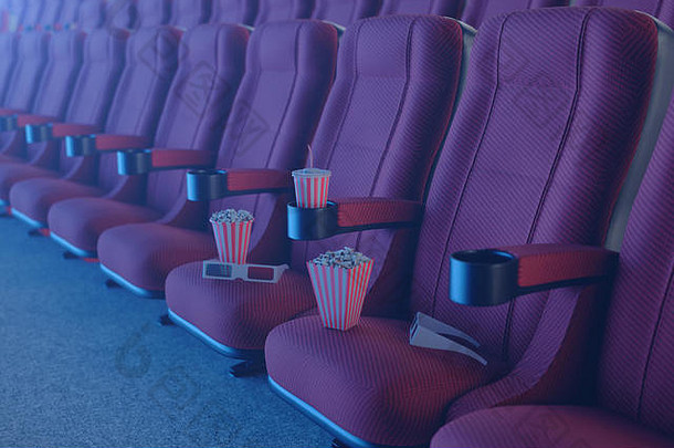 带3D眼镜的3D插图、爆米花、带饮料的杯子。有蓝光的电影院概念。电影院大厅里的红色椅子。
