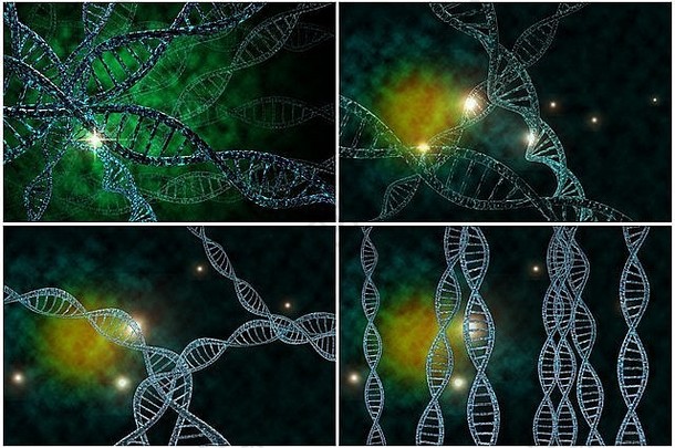 3D DNA链拼贴，色彩鲜艳，适合遗传学背景