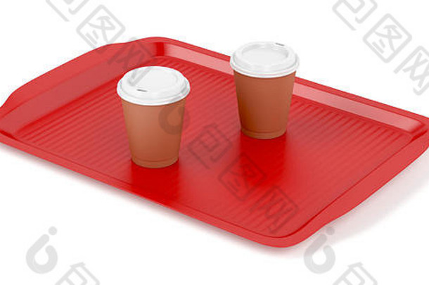 红色塑料托盘，白色背景上有两个咖啡杯