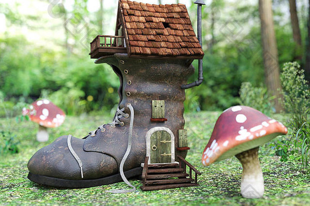 在童话般的毒蕈森林中，一个可爱的幻想鞋店的3D渲染。