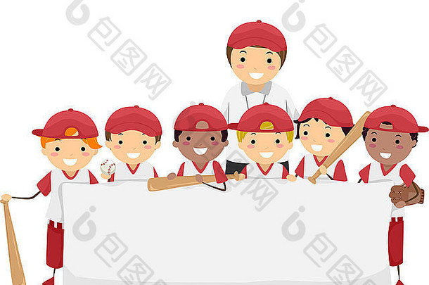 插图特色团队年轻的棒球球员持有空白横幅