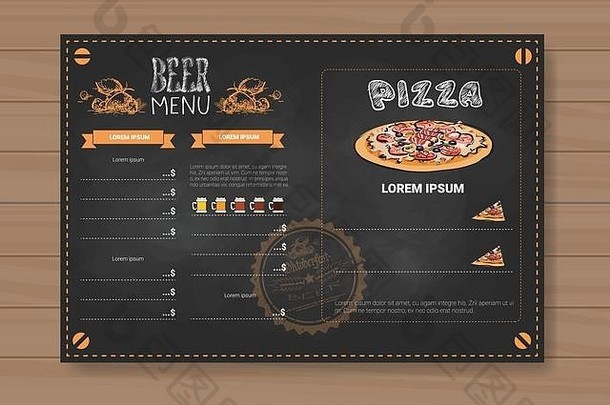 木制纹理背景上的餐厅咖啡馆啤酒和比萨饼菜单设计