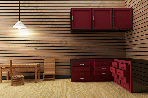 三维渲染图像中的室内厨房木质房间