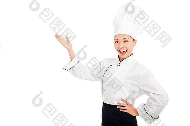 年轻的女烹饪提高手显示