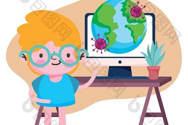 在线教育，学生男孩计算机世界大流行冠状病毒载体插图