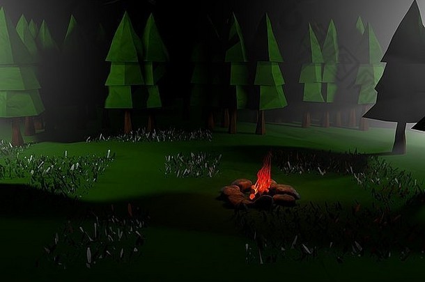低保利3D夜景，野营之火和冒险之感