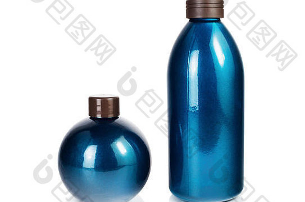空白蓝色的化妆品瓶白色背景塑料瓶美产品包孤立的剪裁路径