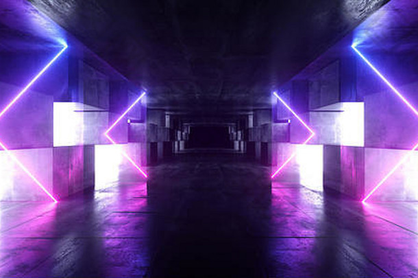 霓虹灯灯箭头图形发光的紫色的蓝色的充满活力的虚拟sci未来主义的隧道工作室阶段建设车库讲台上宇宙飞船晚上黑暗