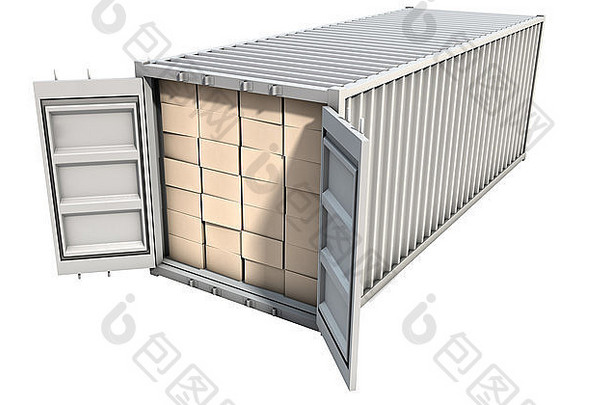 在隔离的白色背景上用纸箱包装的开放式运输集装箱