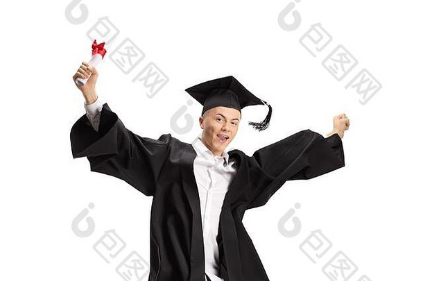 快乐的男研究生，毕业证书，白色背景