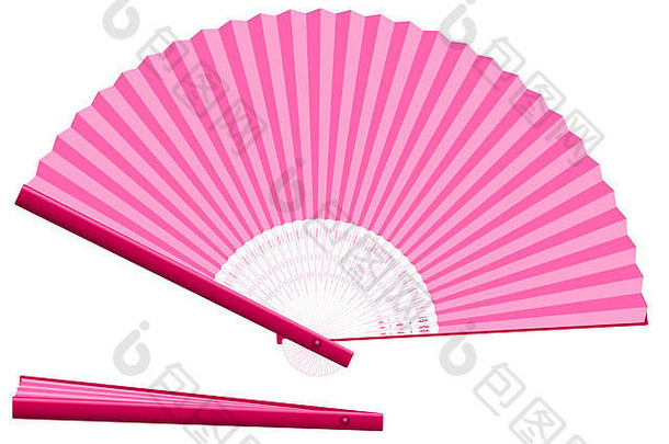 粉色手扇，用于在因任何原因过热时冷却-打开和关闭-三维-真。白色背景上的插图。