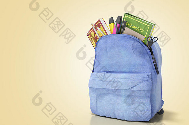 蓝色背包，带学校用品，灯光3d渲染