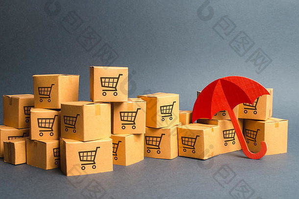 纸板盒子画购物车伞概念保险购买保护提供保修购买产品
