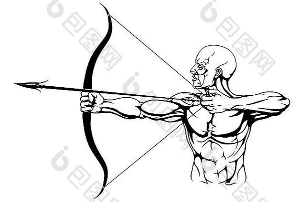 单色带弓和箭的强壮弓箭手插图