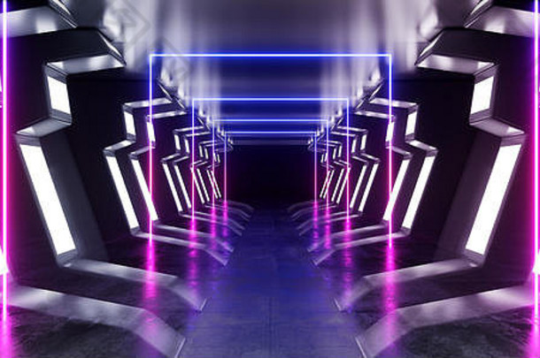 霓虹灯线条未来派紫色科幻宇宙飞船发光的白<strong>蓝色</strong>金属反光混凝土地板走廊走廊走廊入口大门车库地下室