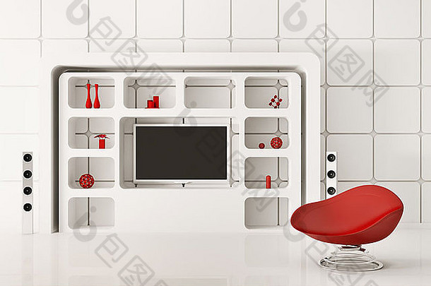 现代白色内饰搭配红色扶手椅和LCD 3d渲染