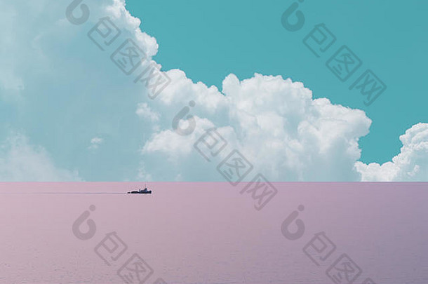 抽象的极简主义拼贴——平静的粉红色海洋风景，船和蓝色积云，柔和的颜色，波普艺术和空间