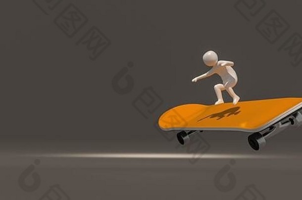 3d illustrator一组灰色背景上的滑板符号，3d渲染运动。包括一个选择路径。
