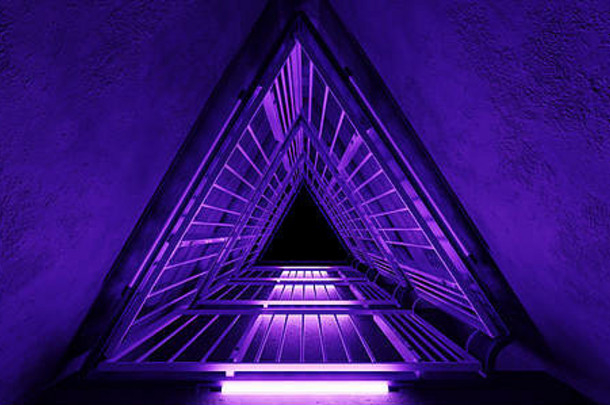 科幻外星<strong>高科技动感</strong>真的三角形金属结构，霓虹灯、紫外光、紫<strong>蓝色</strong>灯光、垃圾混凝土隧道