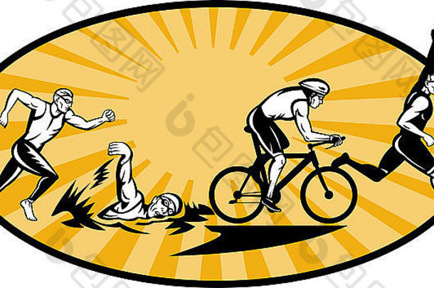 显示奥运会铁人三项运动进展的插图，显示运动员开始、游泳、骑自行车或骑自行车并跑步结束。