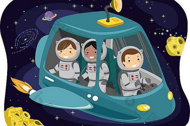 孩子们穿着宇航服乘坐宇宙飞船的插图