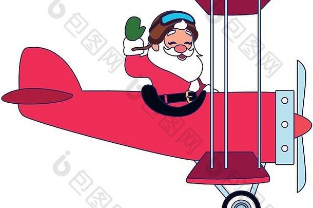 快乐的圣诞老人在飞机上飞翔